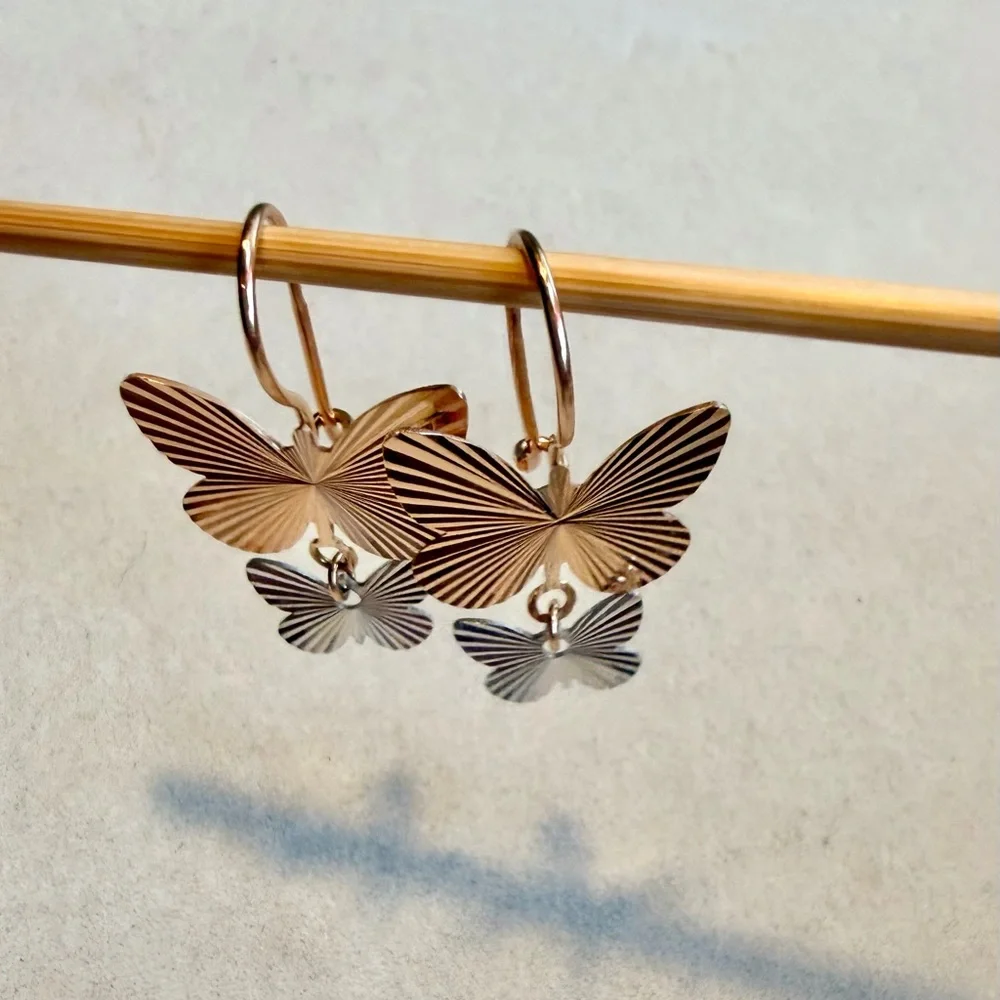 Delicate Two-Tone Butterfly Drop Earrings - 14 K Rose Gold & White gold - Picture 1 of 4